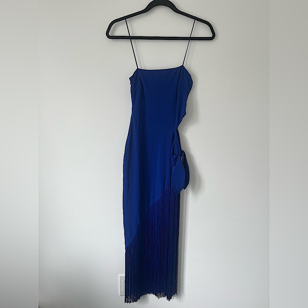 NWT Meshki Yasmin Wrap Over Midi Dress With Fringing